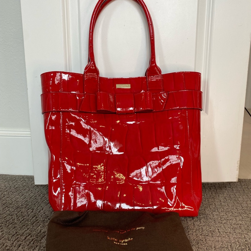 COPY - Kate Spade Knightsbridge Red Croc Patent Leather Large Bow Tote Handbag …